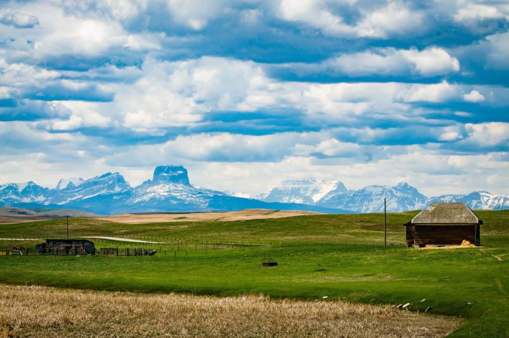 Une plaine verdoyante et au loin une chaine de montagne